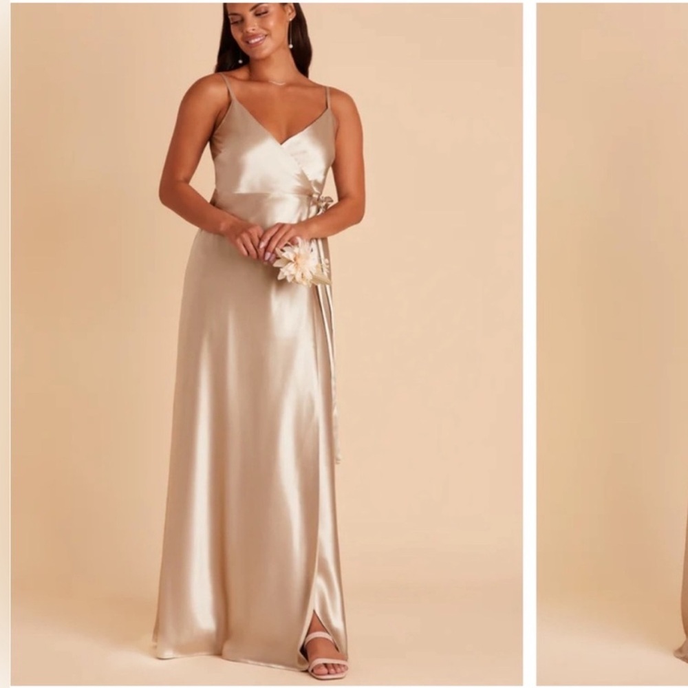 NWT Birdy Grey Cindy large taupe shiny satin bridesmaid dress gold wrap prom